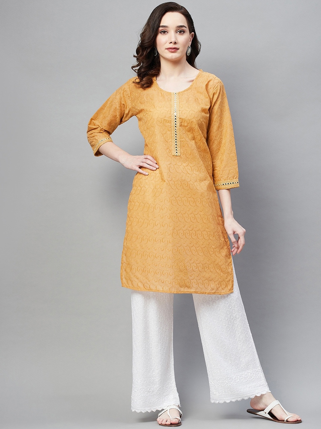 

Aarika Abstract Embroidered Mirror Work Straight Kurta, Beige