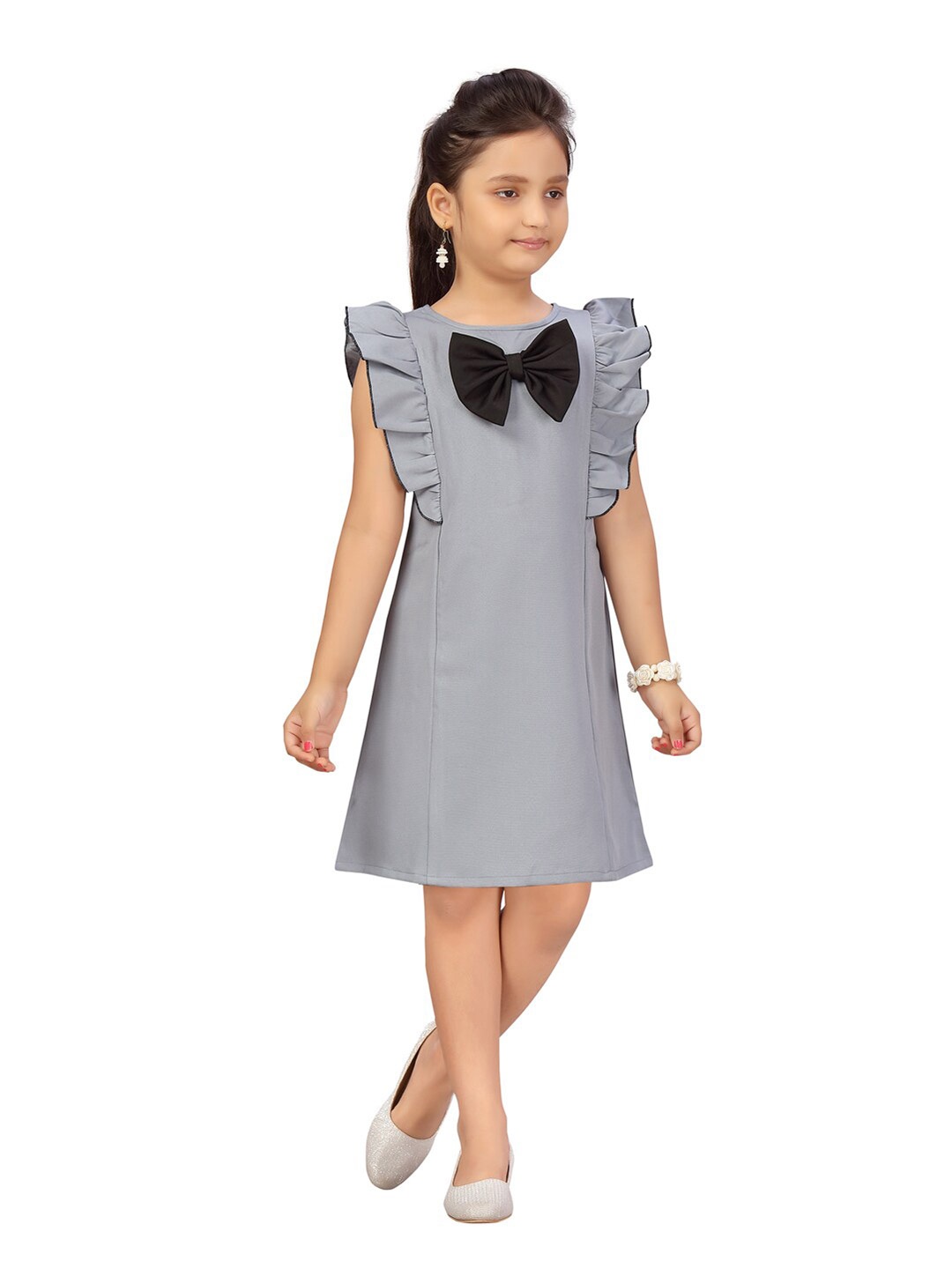 

Aarika Grey Flutter Sleeve Bow Detailed A-Line Knee Length Dress