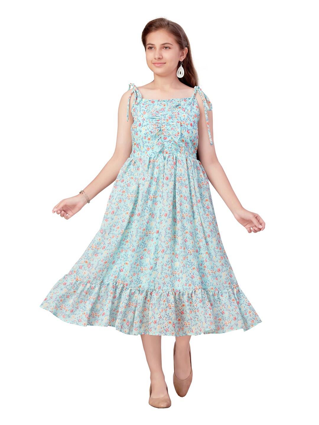 

Aarika Girls Floral Printed Sleeveless Georgette Fit & Flare Dress, Turquoise blue