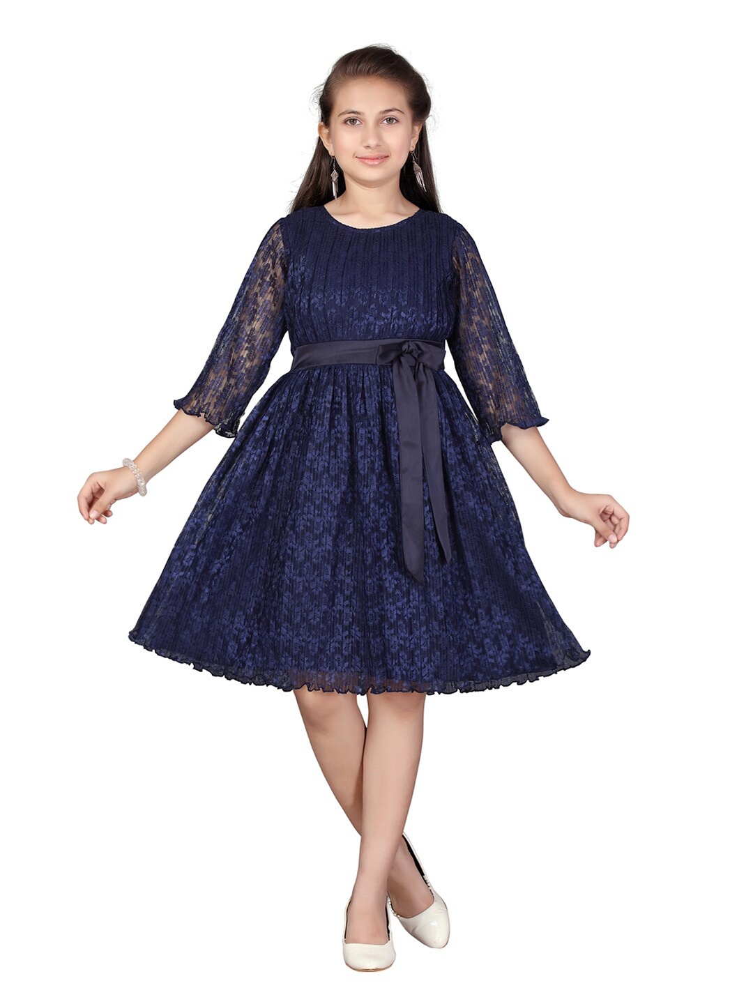 

Aarika Self Design Net Fit & Flare Knee Length Dress, Navy blue