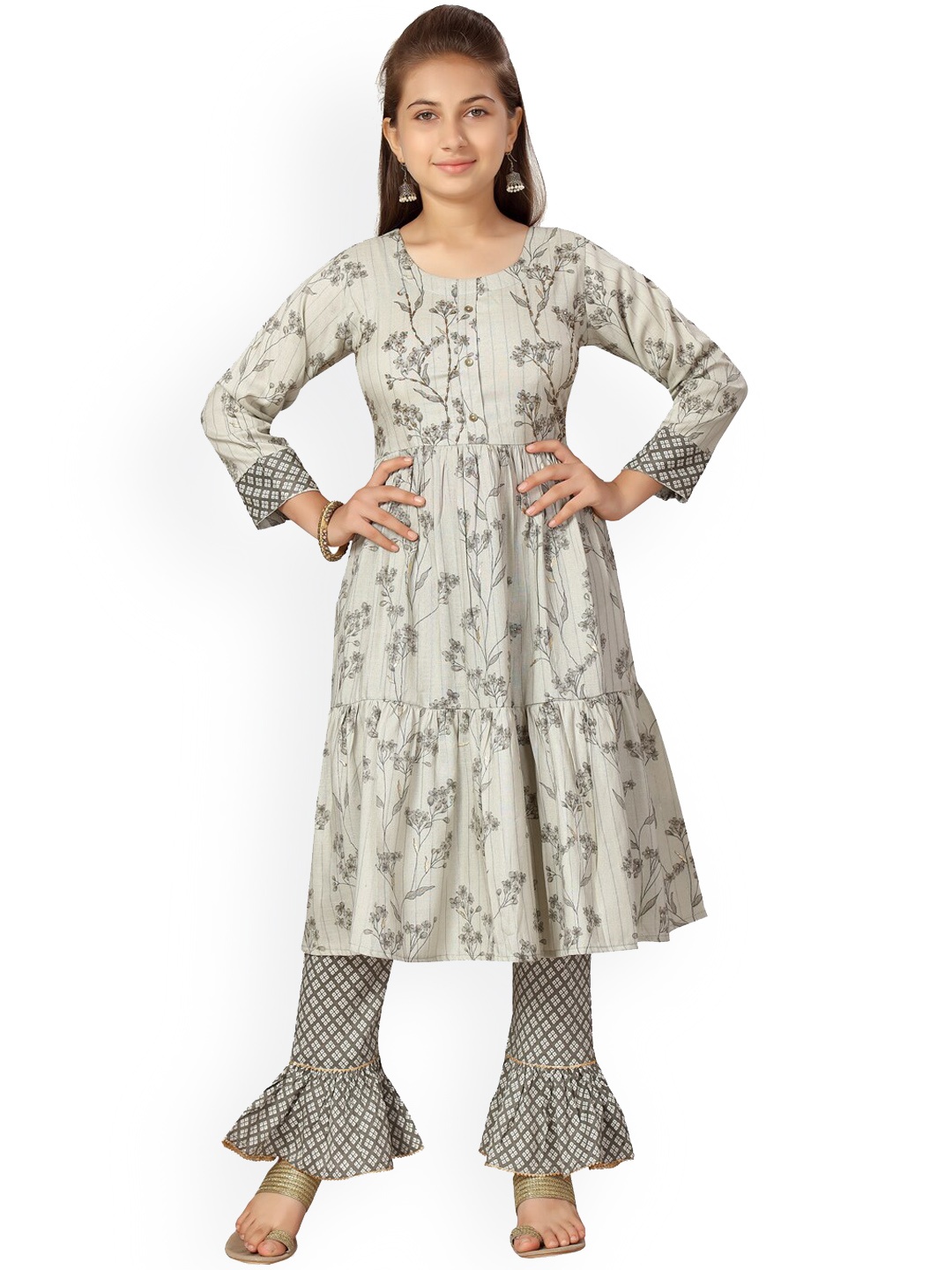 

Aarika Girls Floral Printed Beads and Stones Tiered Pure Cotton Kurta With Sharara, Grey
