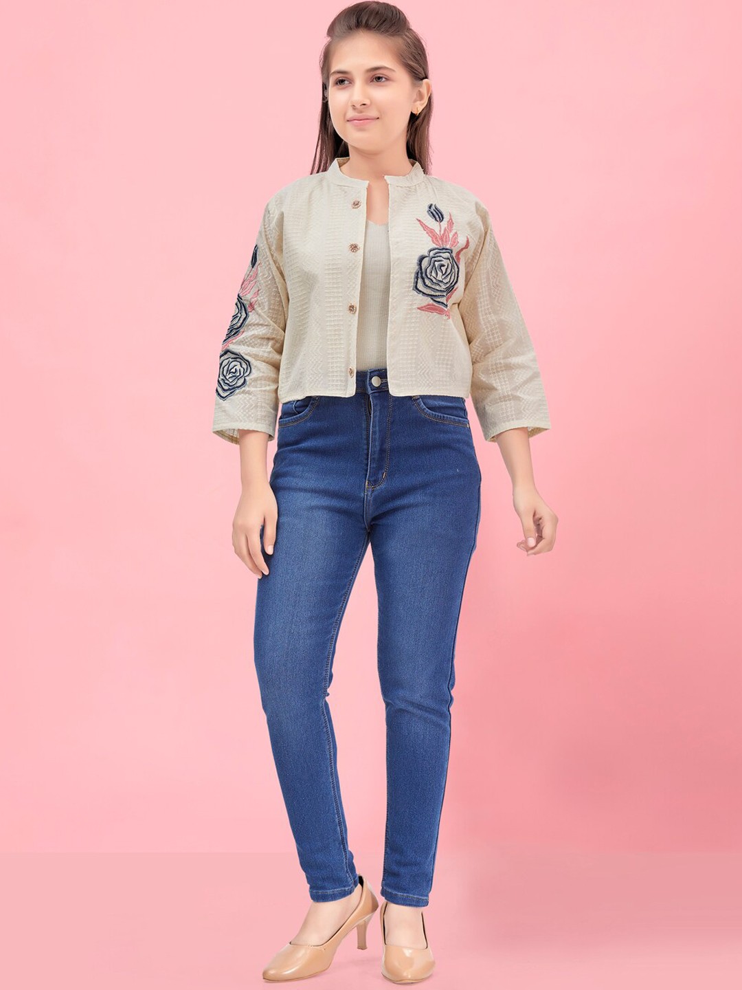 

Aarika Girls Embroidered Lightweight Cotton Tailored Jacket, Beige