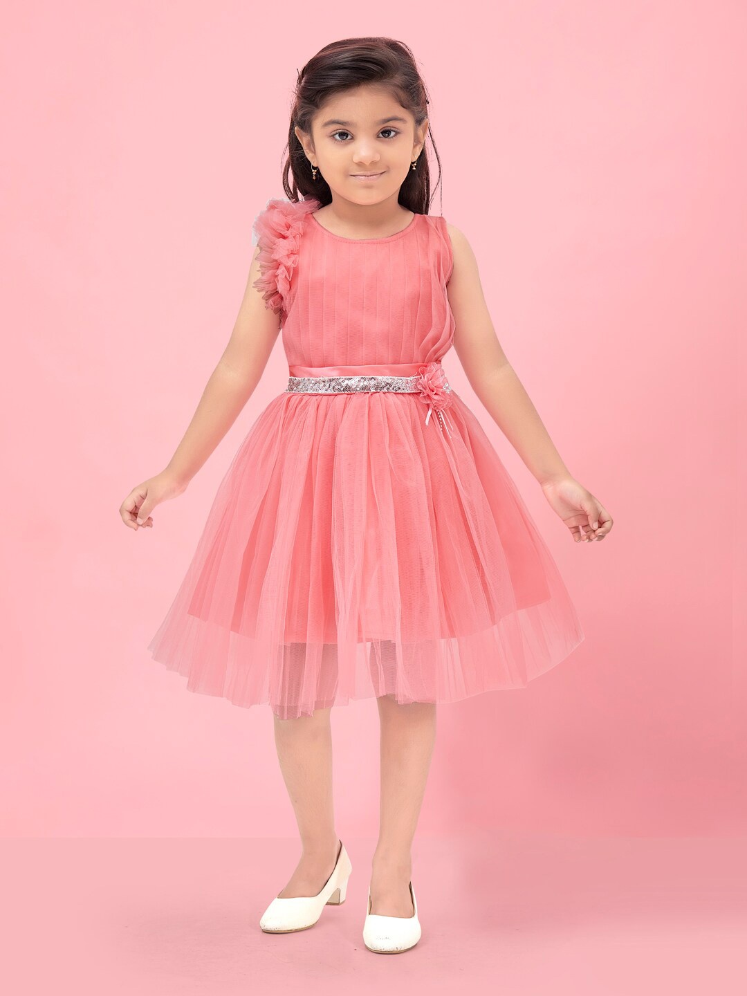 

Aarika Girls Round Neck Sleeveless Ruffled Georgette Fit & Flare Dress, Peach