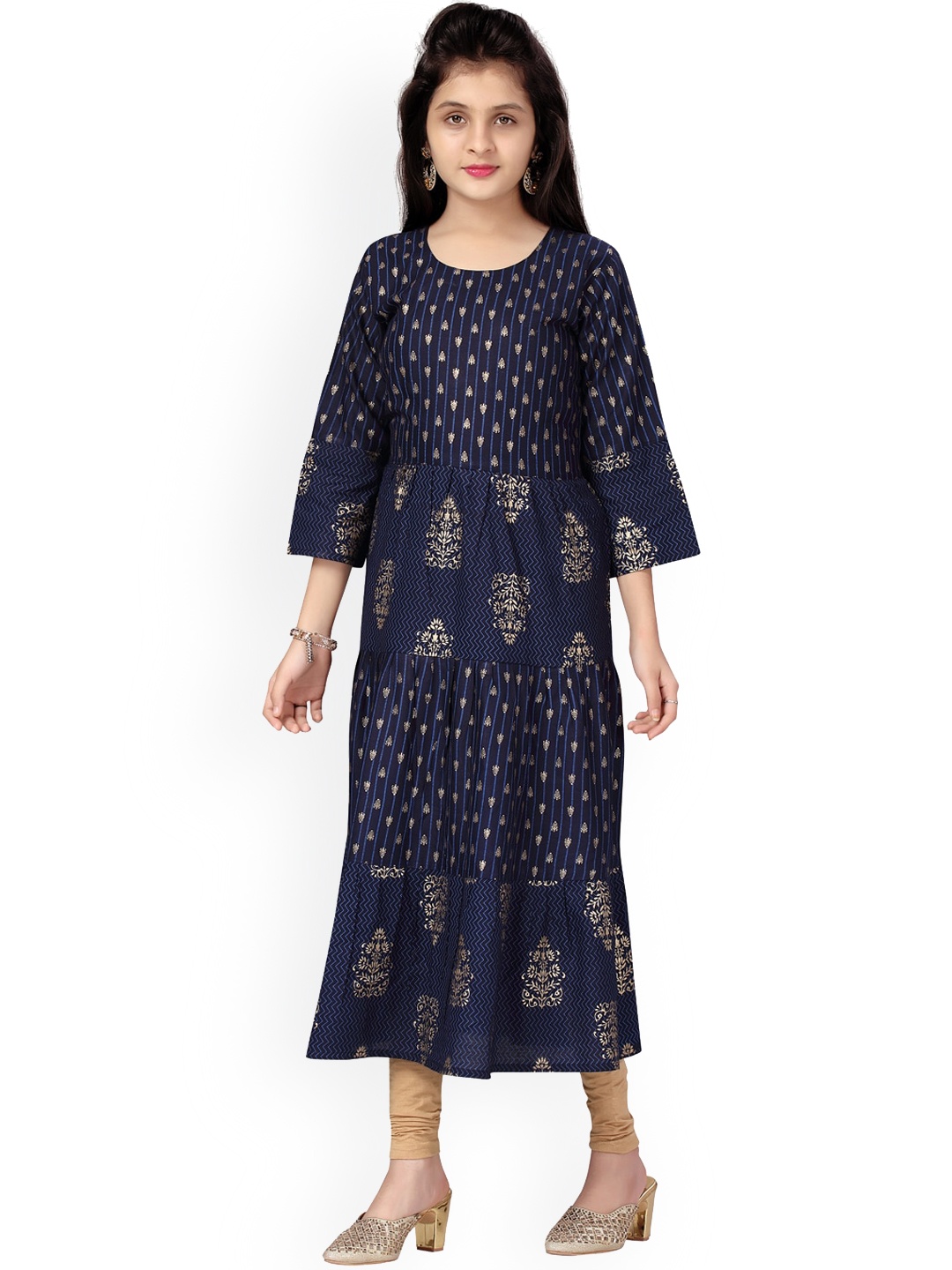 

Aarika Girls Ethnic Motifs Printed Bell Sleeves A-line Kurta, Blue