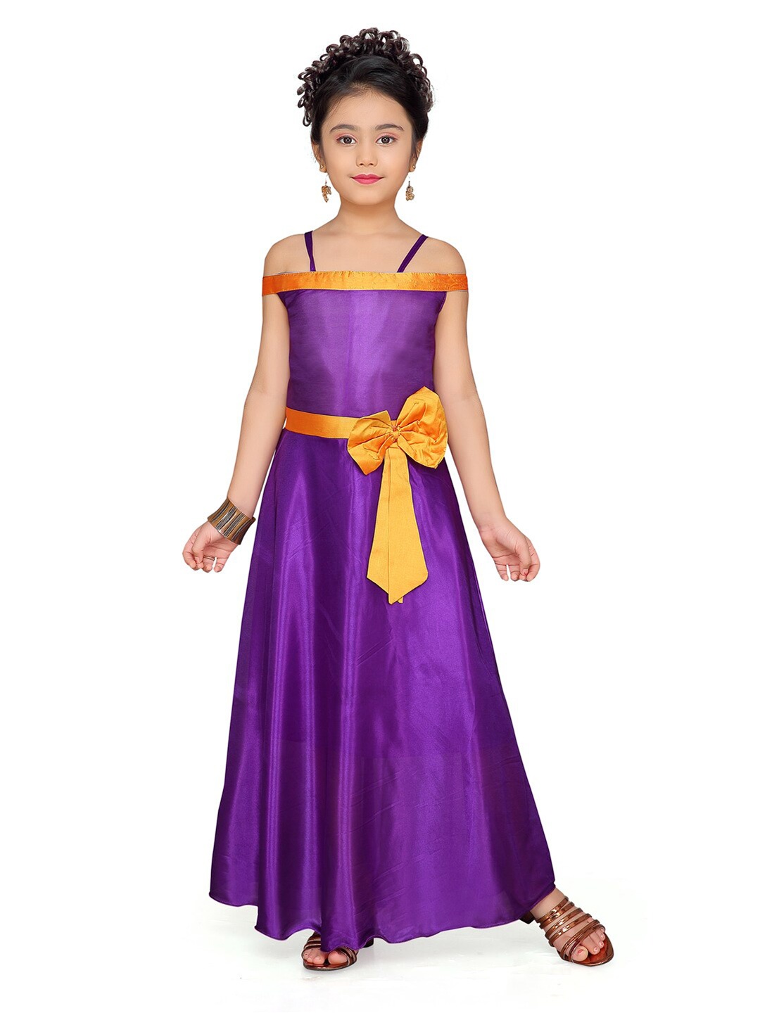 

Aarika Girls Cold Shouder Bow Detailed Silk Fit & Flare Dress, Purple