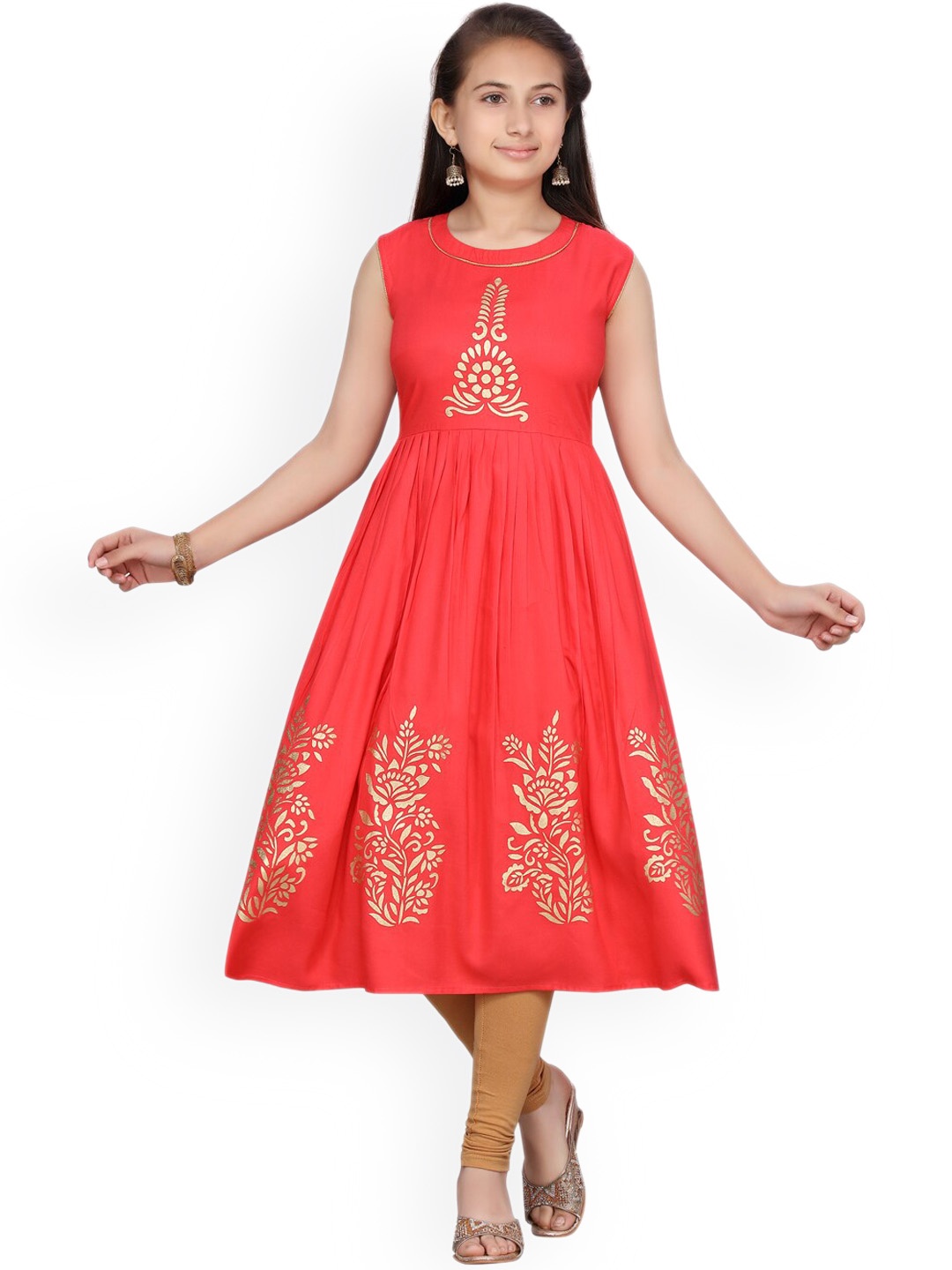 

Aarika Girls Floral Print A-Line Pleated Sleeveless Cotton Kurta, Red