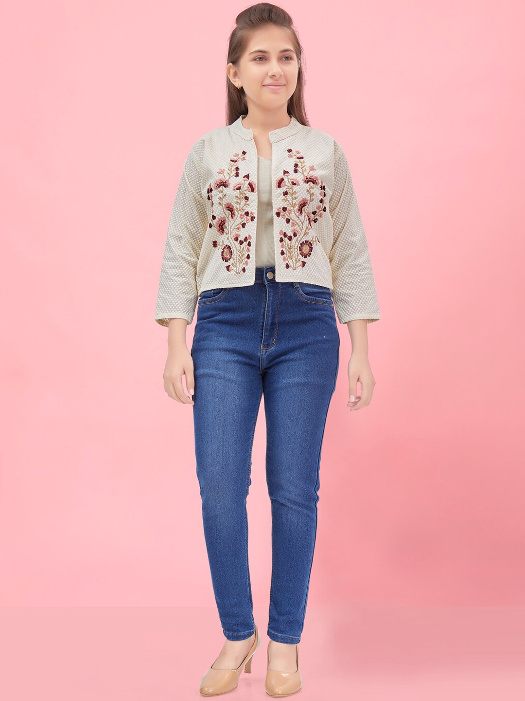 

Aarika Girls Floral Embroidered Open Front Jacket, Cream