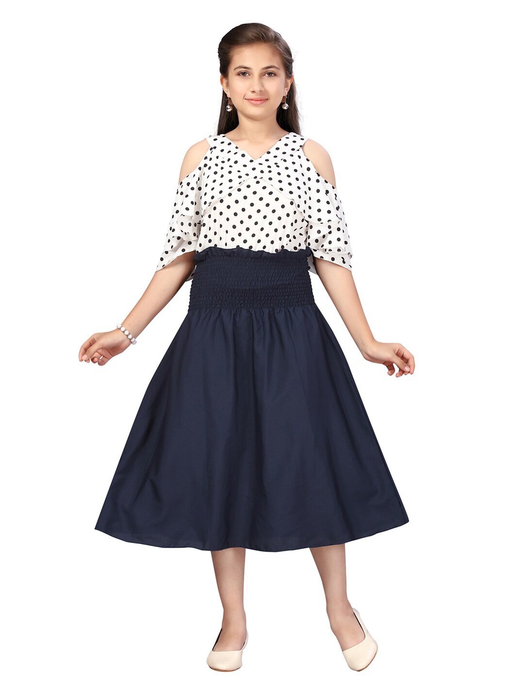 

Aarika Polka Dot Printed Cold-Shoulder Fit & Flare Midi Dress, White