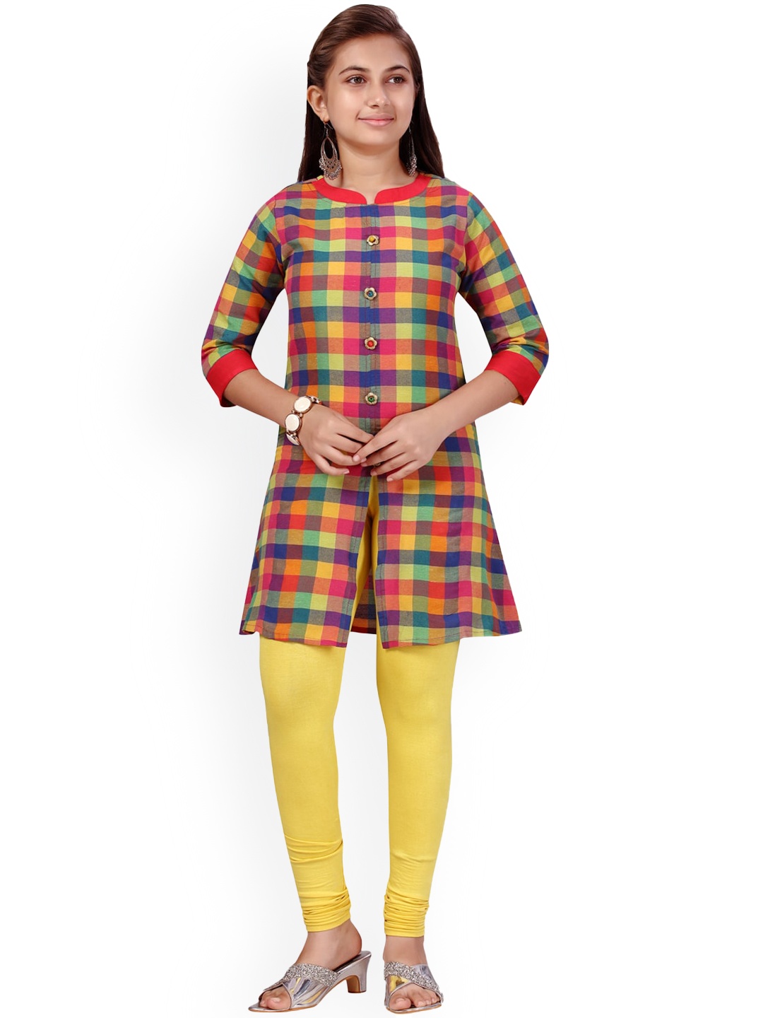 

Aarika Girls Checked Round Neck Cotton Kurta, Red