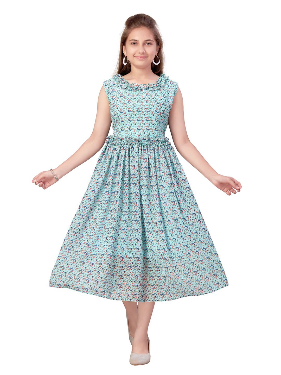 

Aarika Floral Printed Sleeveless Fit & Flare Midi Dress, Turquoise blue