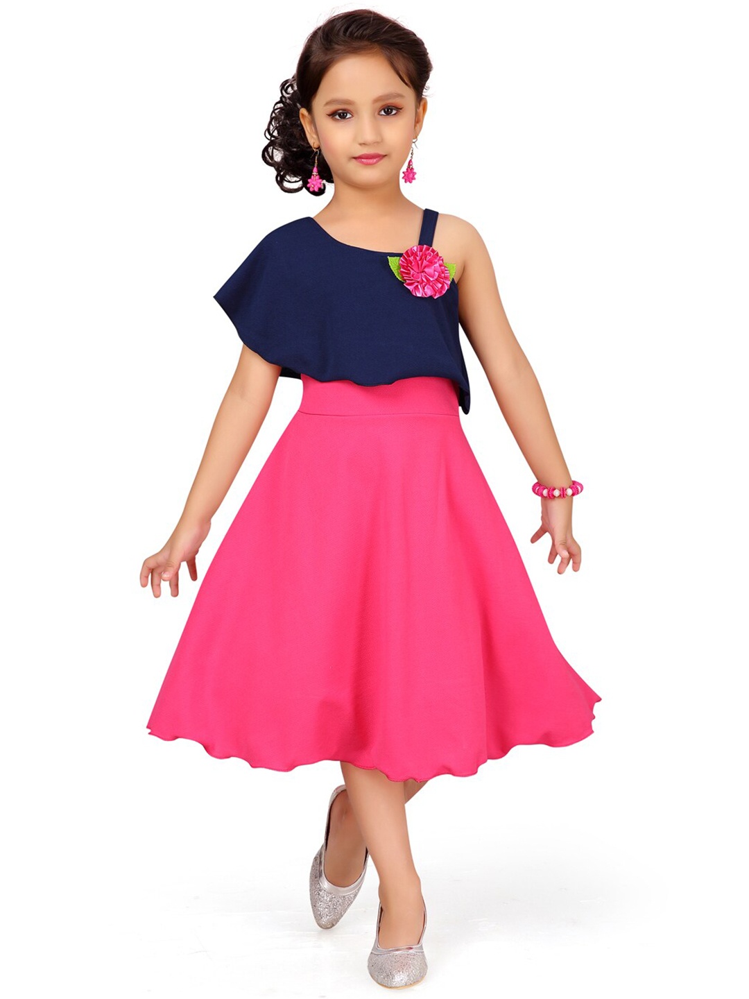 

Aarika Girls Asymmetric Neck Cape Sleeve Applique Cotton Fit & Flare Dress, Blue