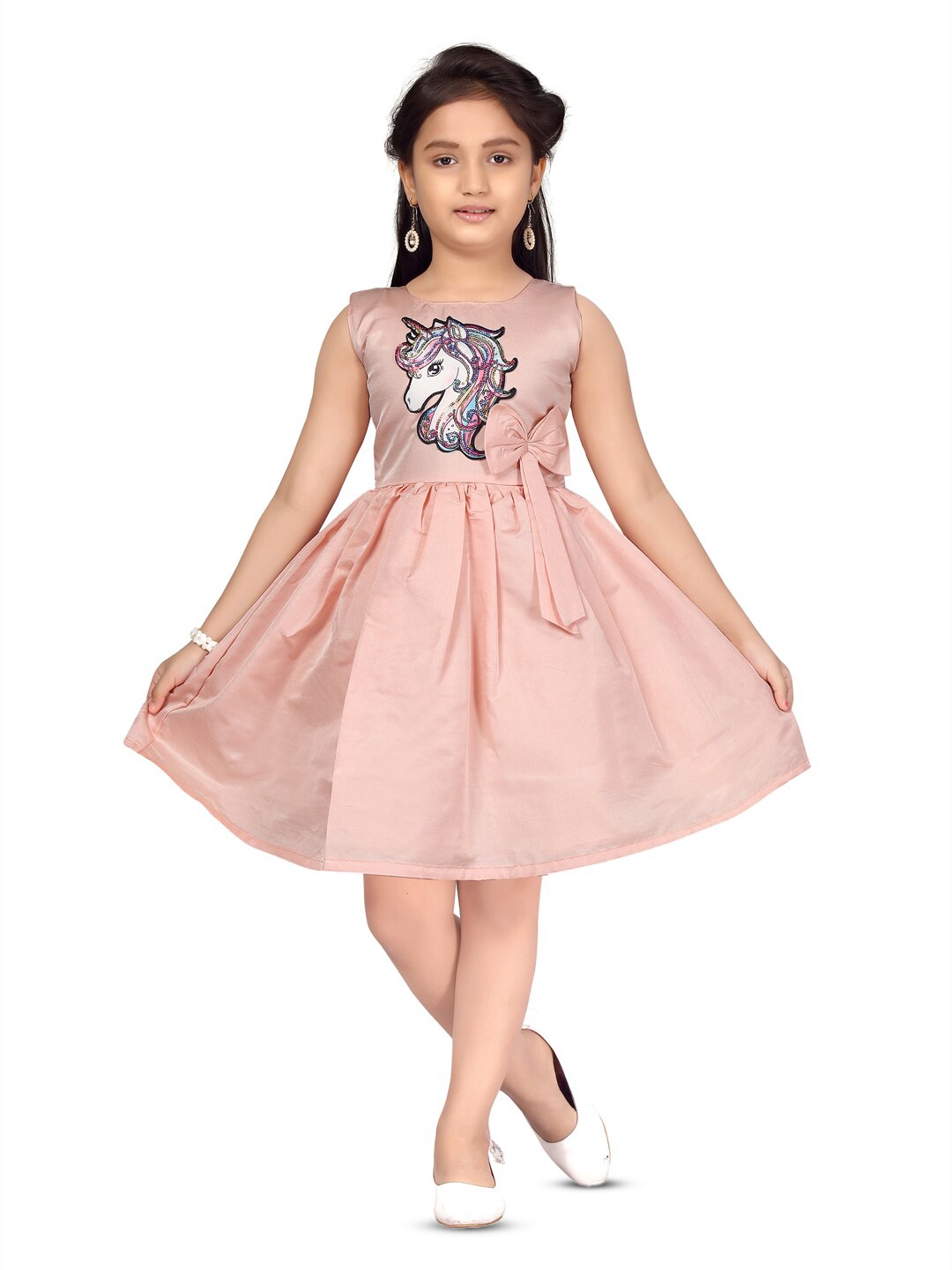 

Aarika Girls Unicorn Embellished & Bow Bling & Sparkly Fit & Flare Dress, Peach