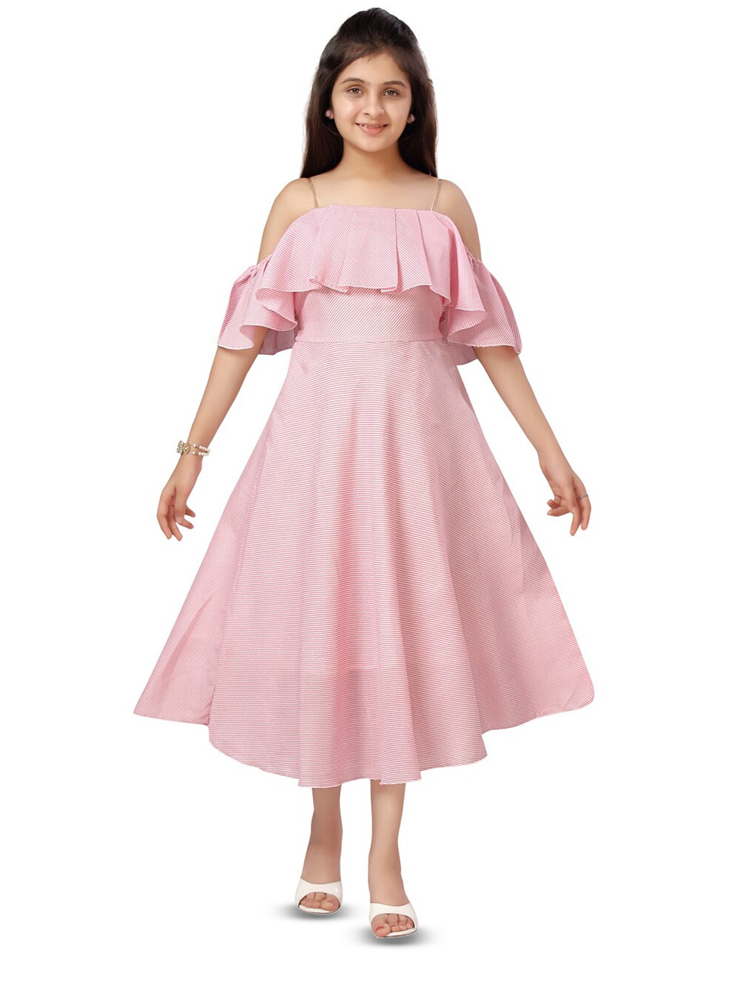 

Aarika Girls Chevron Printed Off-Shoulder Neck Shoulder Straps Ruffled Fit & Flare Dress, Pink