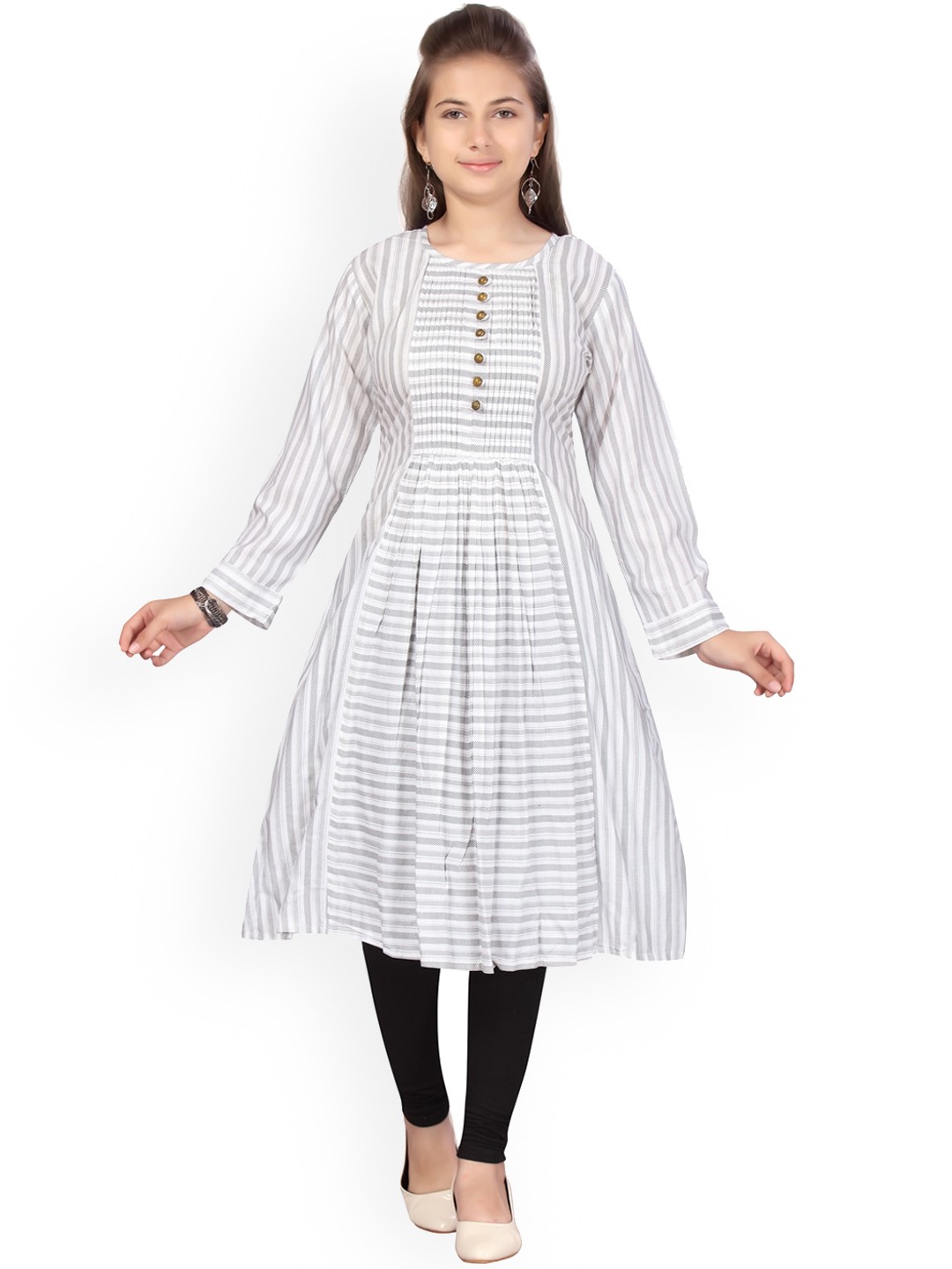 

Aarika Girls Striped Round Neck A-Line Kurta, Grey