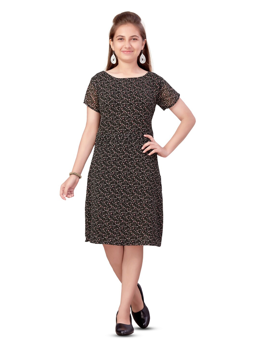 

Aarika Girls Floral Printed Georgette A-Line Dress, Black