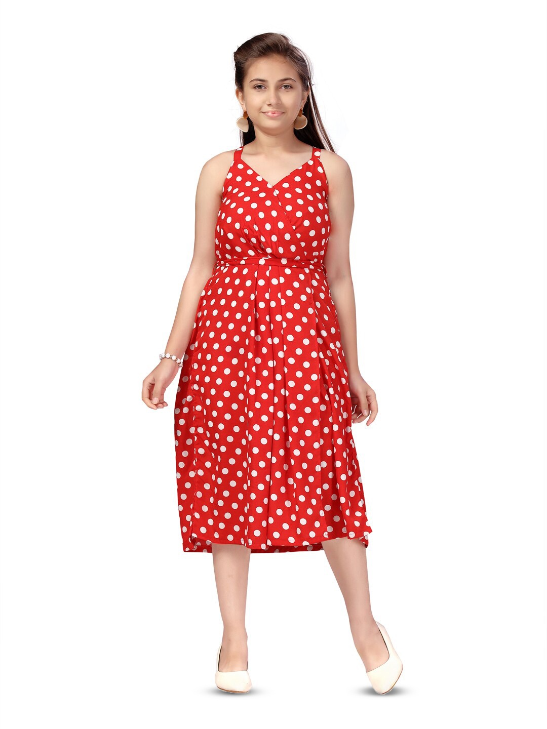 

Aarika Girls Polka Dot Printed Shoulder Straps Fit & Flare Midi Dress, Red