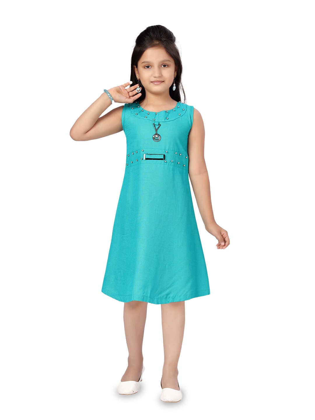 

Aarika Girls Round Neck Embellished A-Line Dress, Turquoise blue