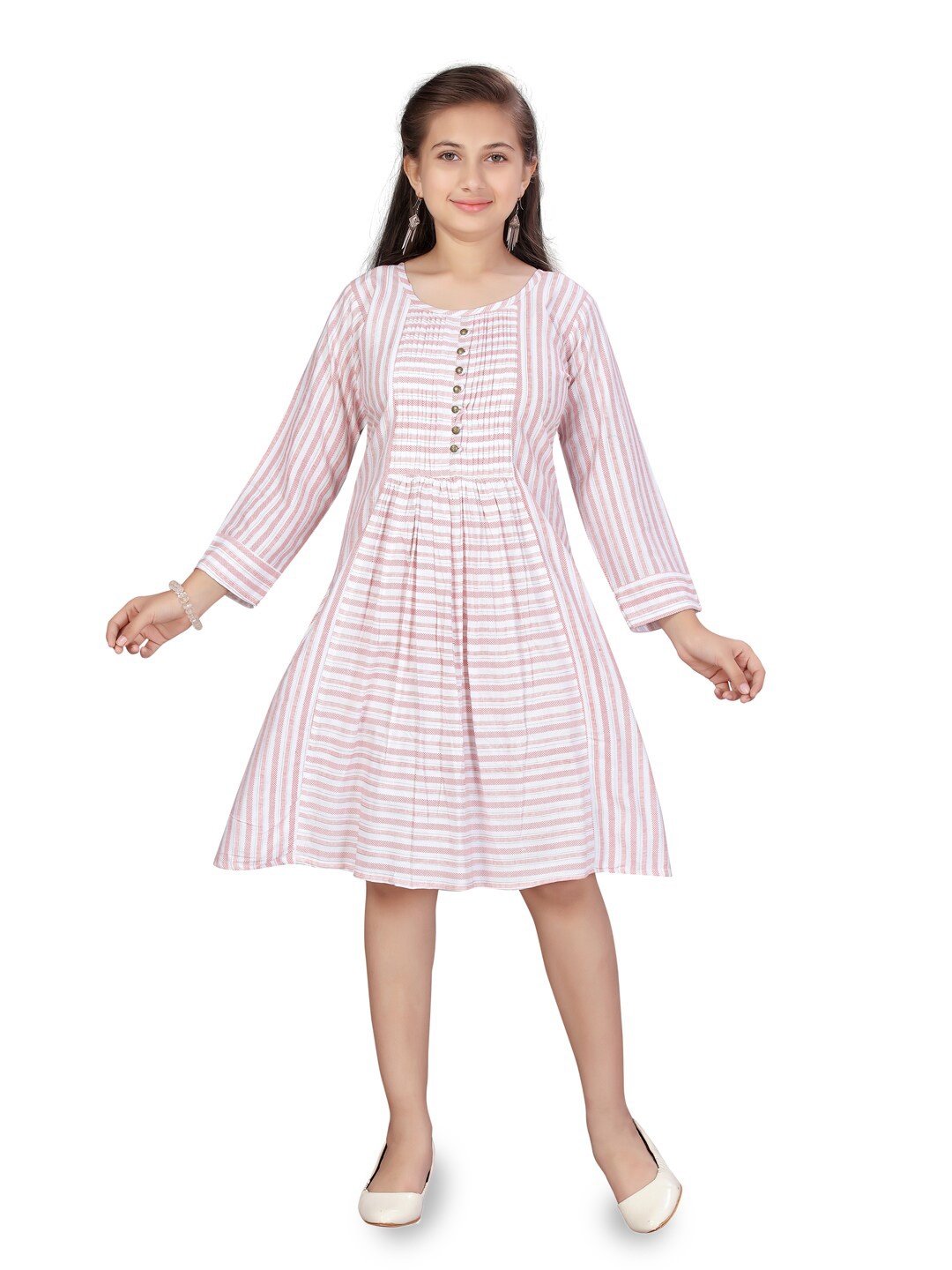 

Aarika Girls Striped Cuffed Sleeve Gathered Cotton A-Line Dress, White