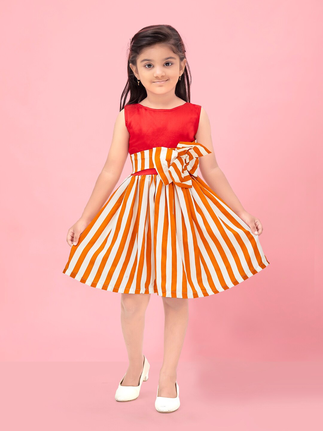 

Aarika Girls Striped Bow Detailed Fit & Flare Dress, Red