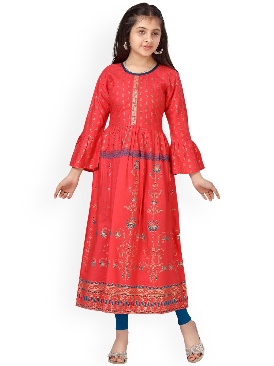 

Aarika Girls Ethnic Motifs Printed Bell Sleeves A-line Kurta, Red