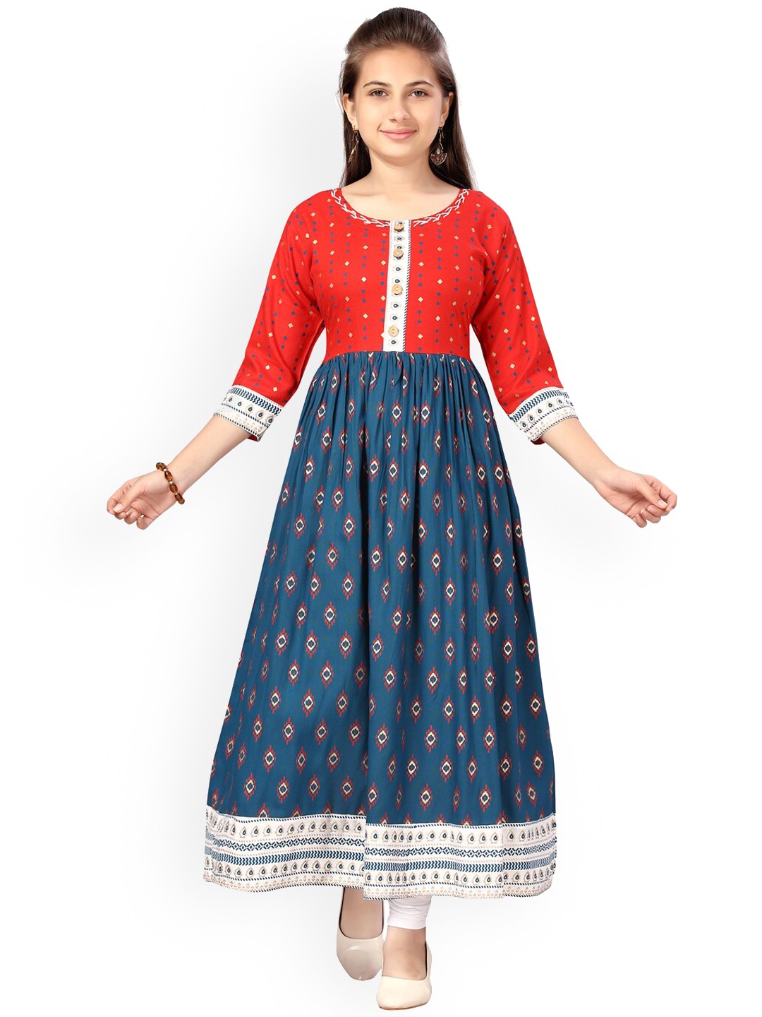 

Aarika Girls Ethnic Motifs Printed Round Neck A-Line Kurta, Red