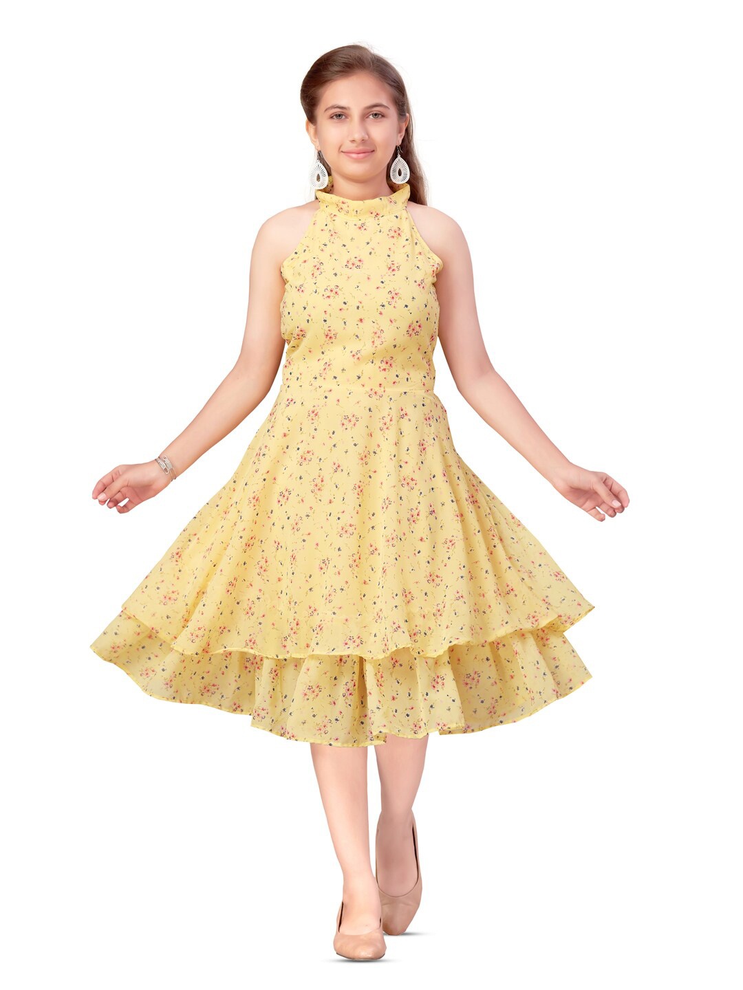 

Aarika Girls Floral Printed Chocker Neck Layered Georgette Fit & Flare Midi Dress, Yellow