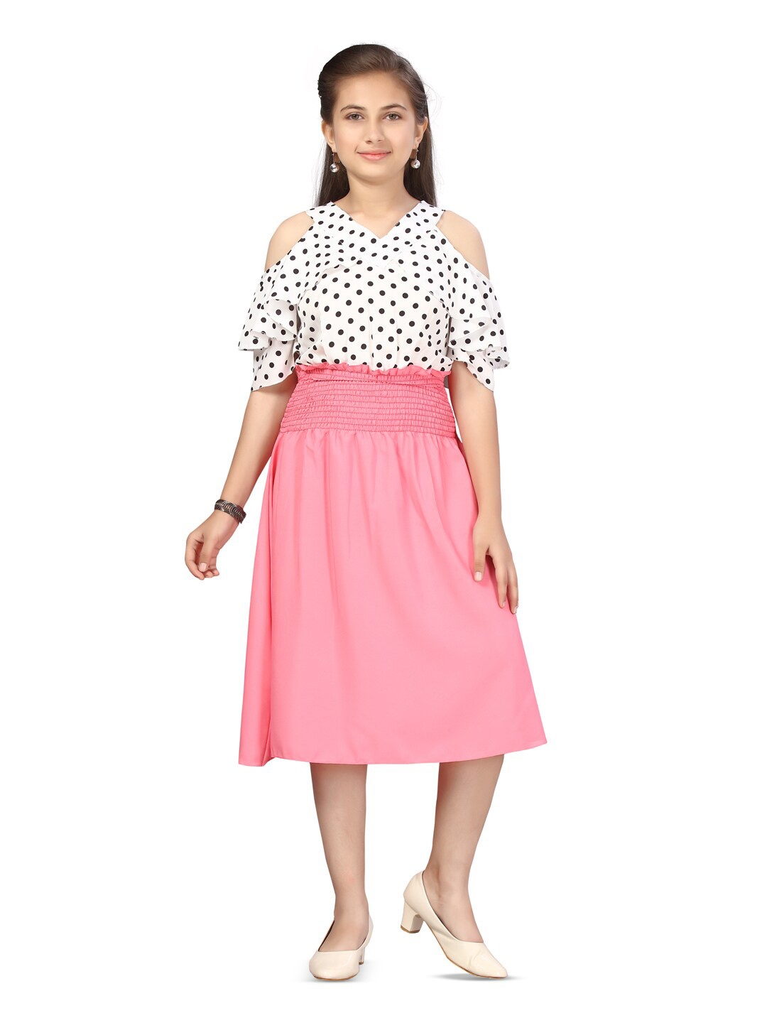 

Aarika White Polka Dot Print Cold-Shoulder Net Fit & Flare Midi Dress