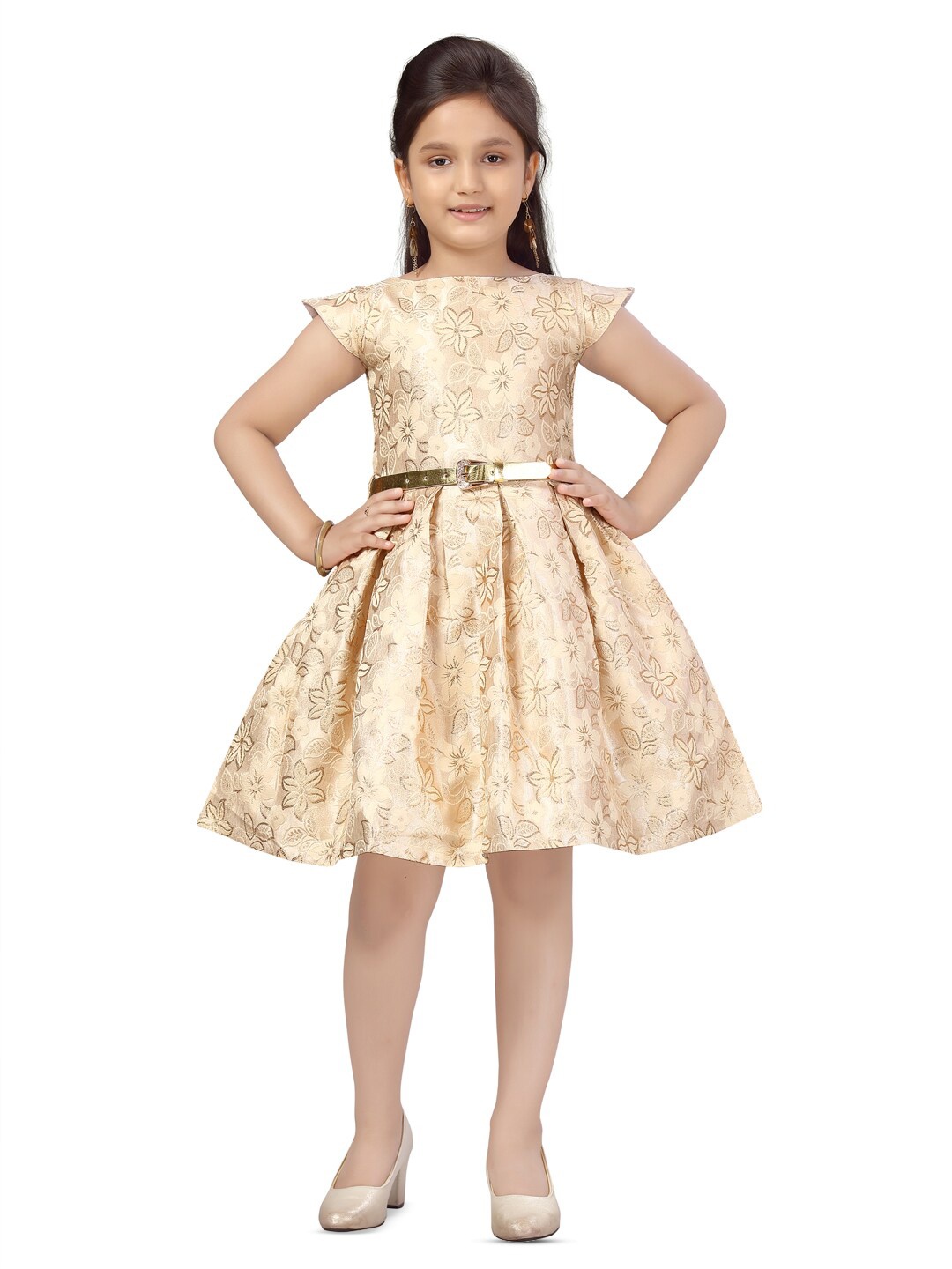 

Aarika Girls Floral Woven Design Cap Sleeves Fit & Flare Dress, Beige