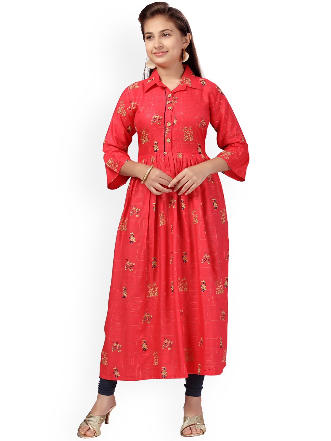 

Aarika Girls Ethnic Motifs Printed Shirt Collar Bell Sleeves A-line Kurta, Red