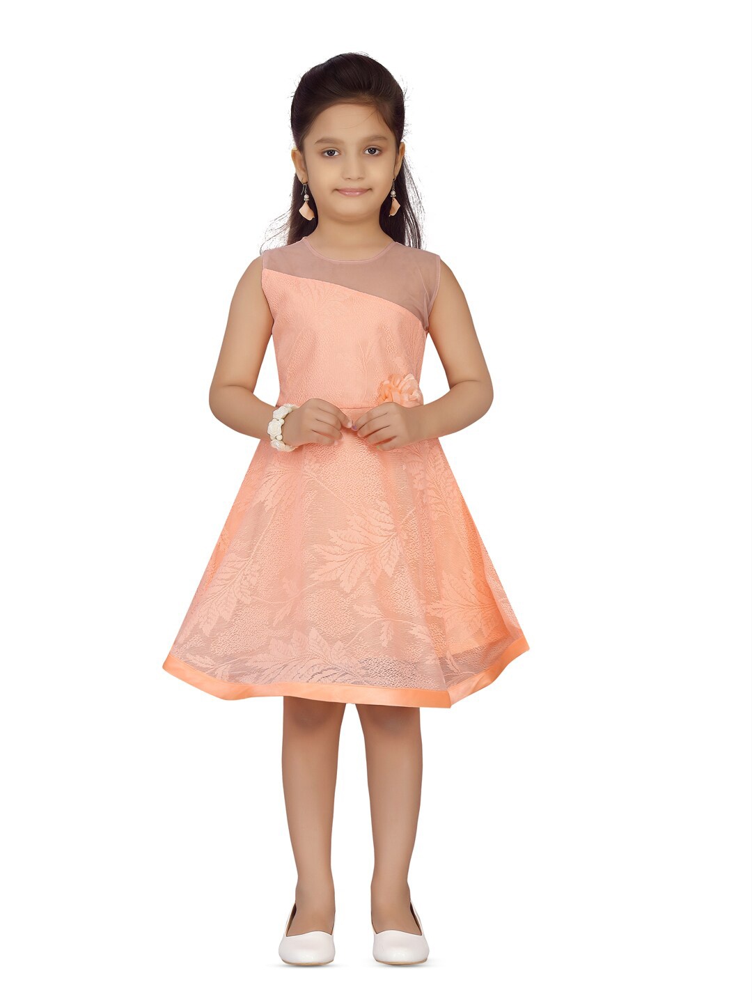 

Aarika Girls Self Design Round Neck Sleeveless Fit & Flare Dress, Peach