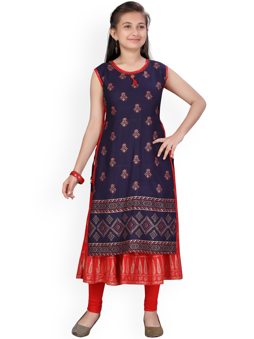

Aarika Girls Ethnic Motifs Printed Thread Work Layered A-Line Kurta, Blue