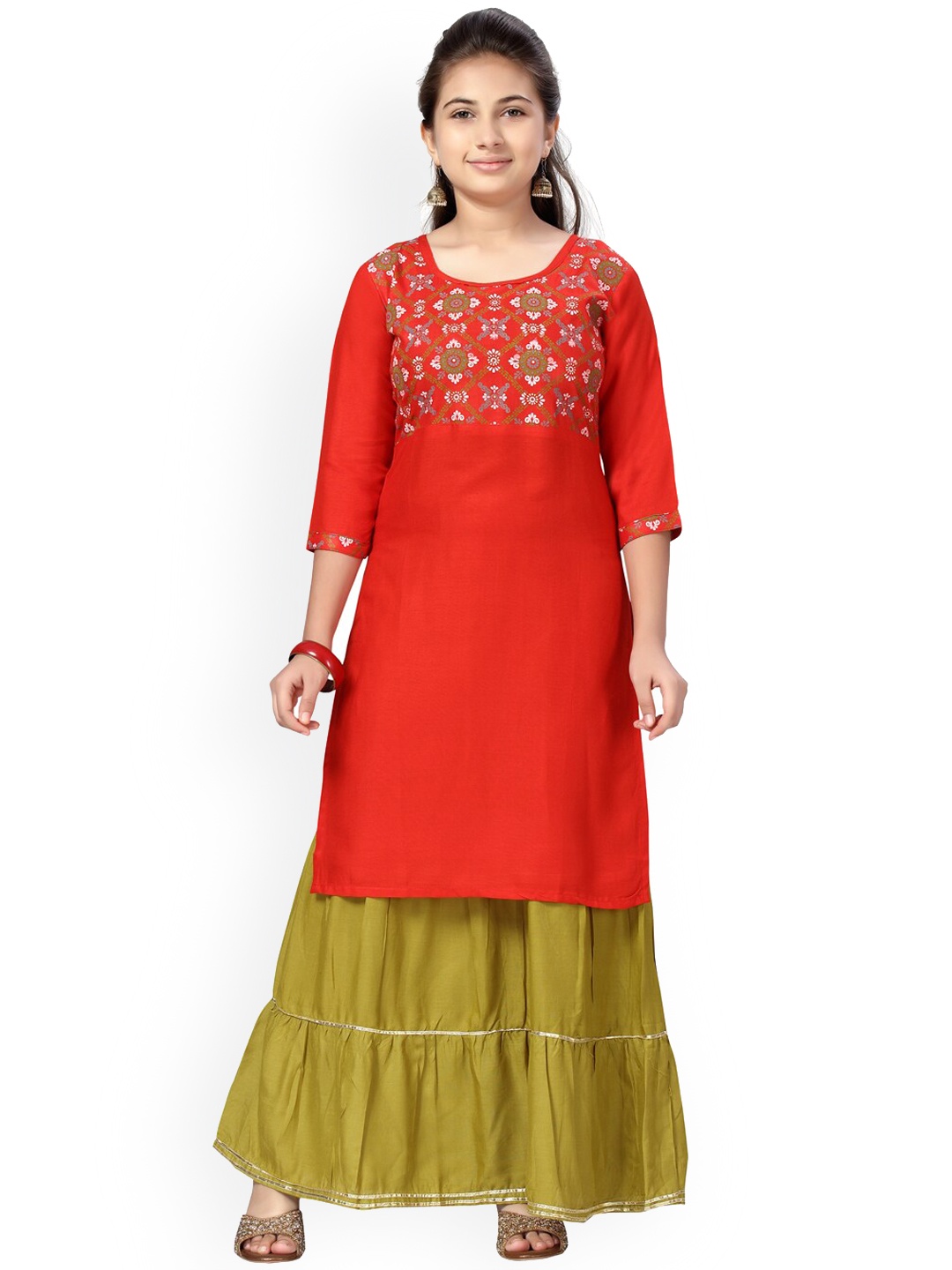 

Aarika Girls Round Neck Yoke Design Pure Cotton Kurta with Skirt, Red