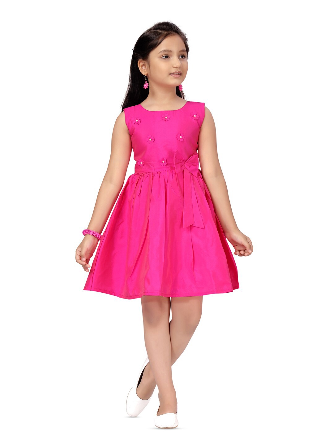 

Aarika Girls Embellished Bow Silk Fit & Flare Dress, Pink