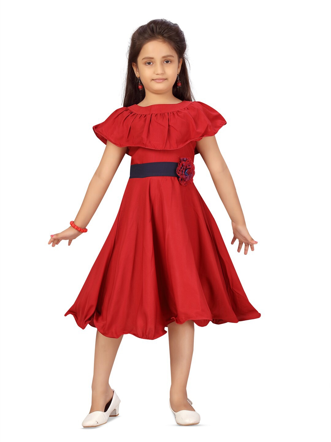 

Aarika Girls Round Neck Flared Sleeve Ruffled Silk Fit & Flare Midi Dress, Maroon