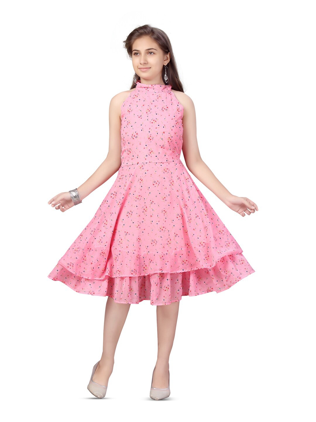 

Aarika Floral Printed High Neck Sleeveless Fit & Flare Dress, Pink