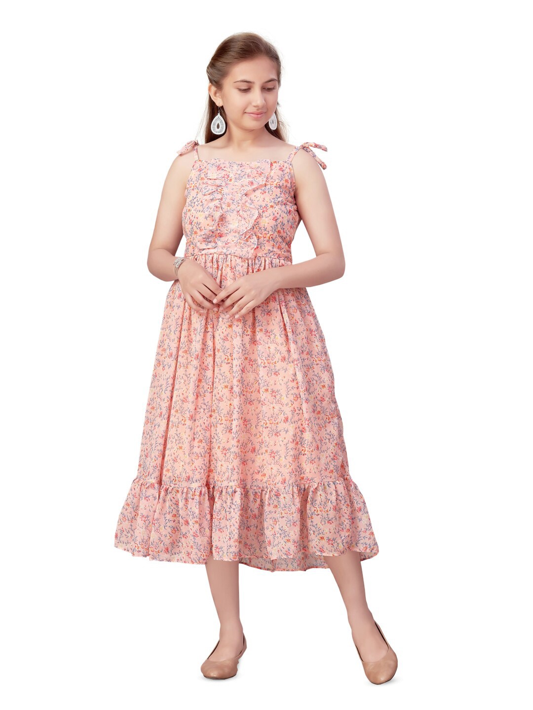 

Aarika Girls Floral Printed Ruffled Georgette Fit & Flare Midi Dress, Peach