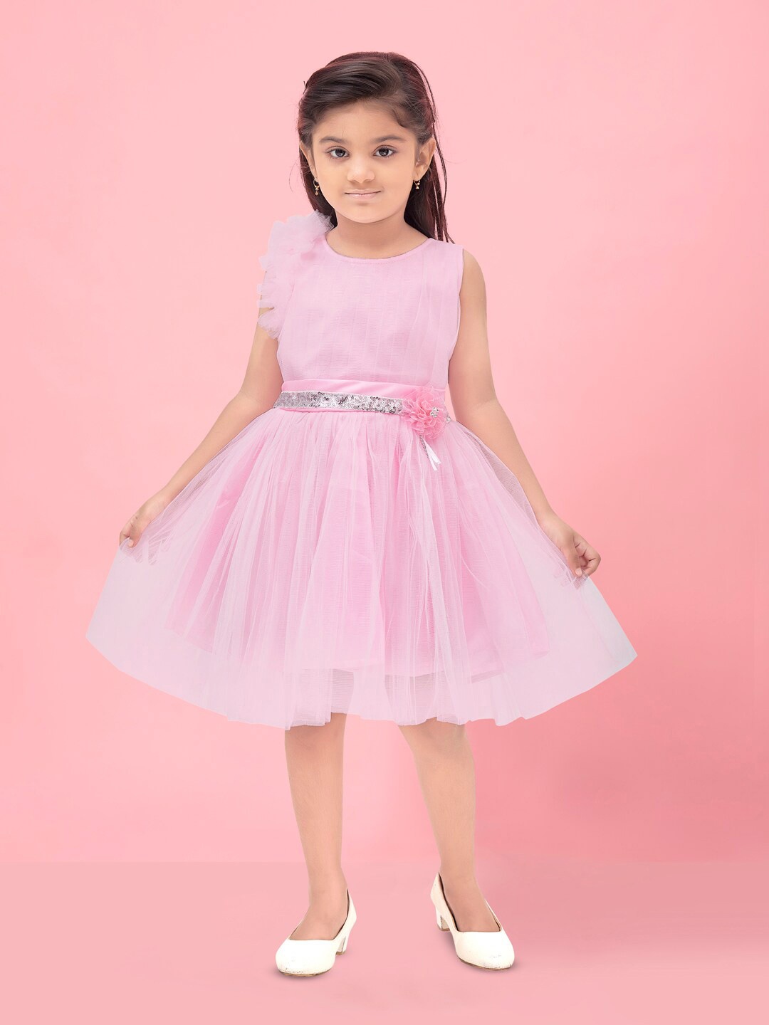 

Aarika Girls Round Neck Ruffled Georgette Fit & Flare Dress, Pink