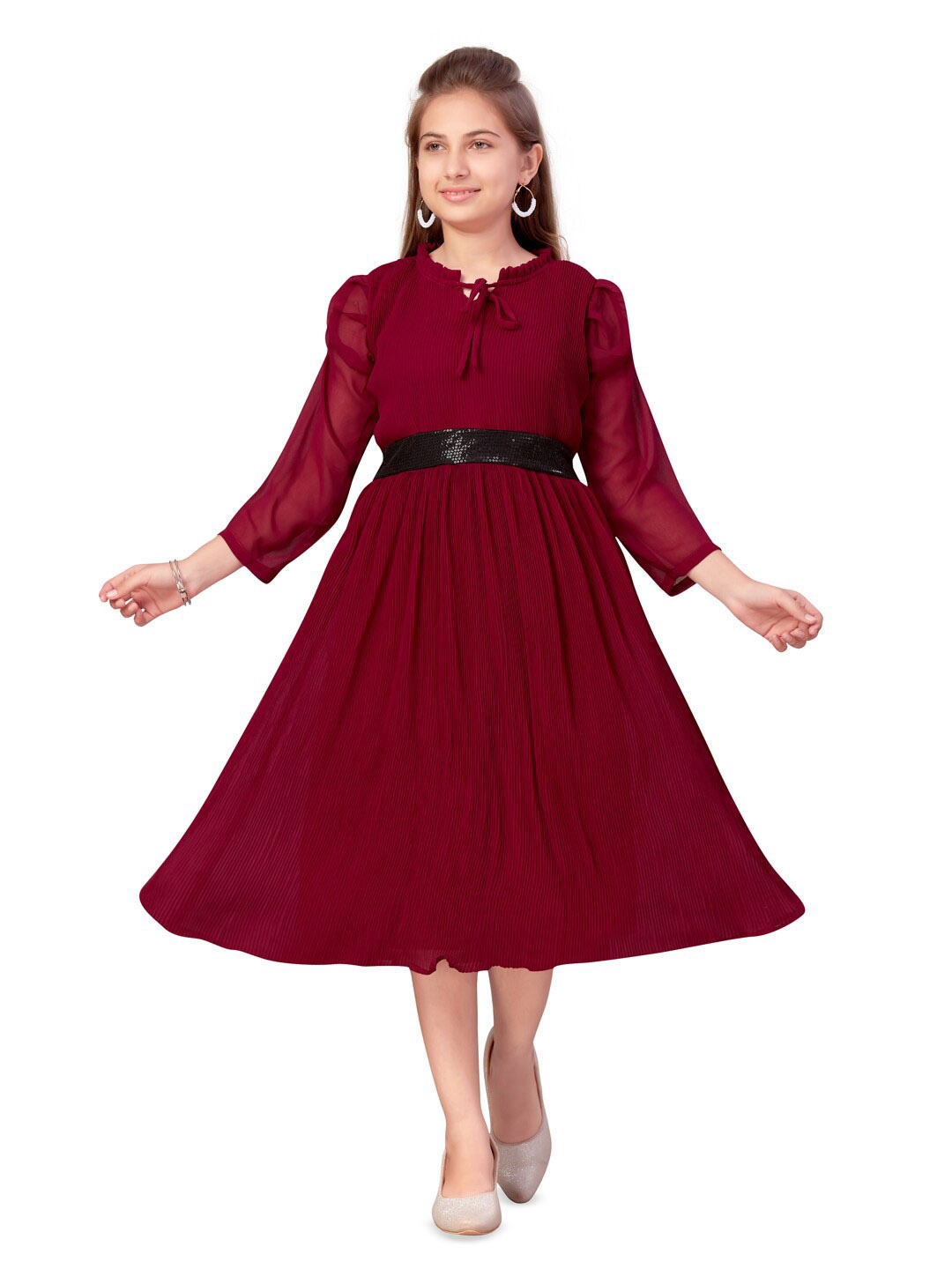 

Aarika Girls Tie-Up Neck Puff Sleeve Smocked Georgette Fit & Flare Midi Dress, Burgundy