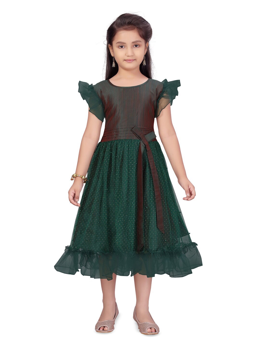 

Aarika Girls Print Flutter Sleeve Net Fit & Flare Midi Dress, Green