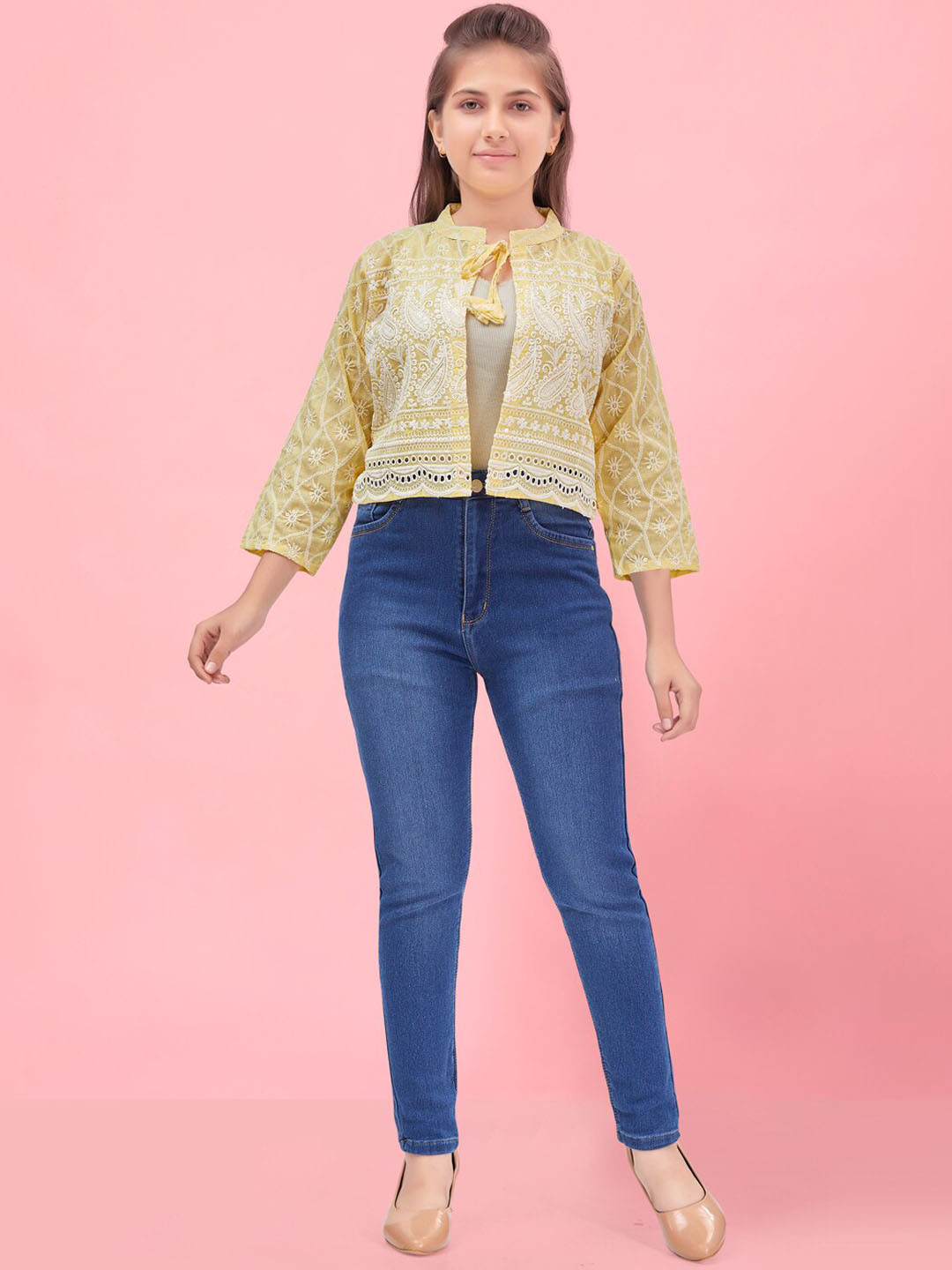 

Aarika Girls Floral Embroidered Mandarin Collar Lightweight Cotton Crop Tailored Jacket, Lime green