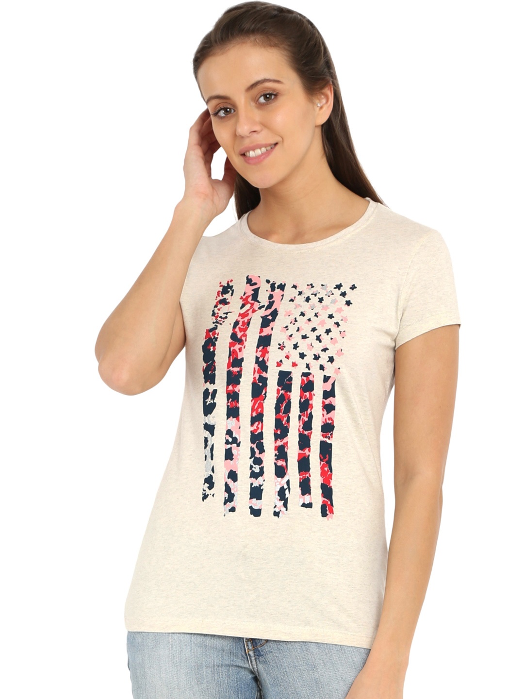 

Jockey Women Cream-Coloured Printed Round Neck Pure Cotton T-shirt