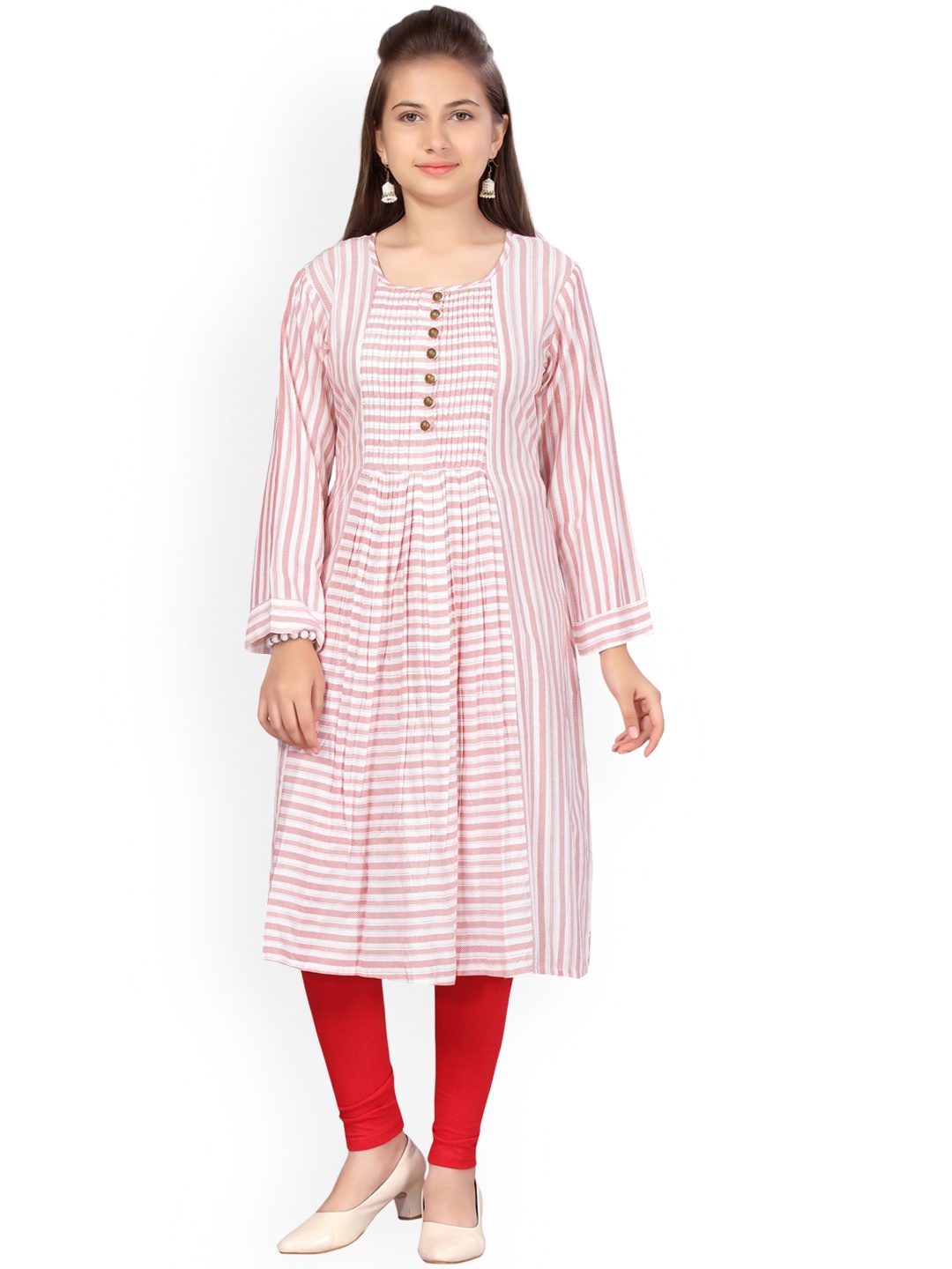 

Aarika Girls Striped Smocked Effect A-line Kurta, Red