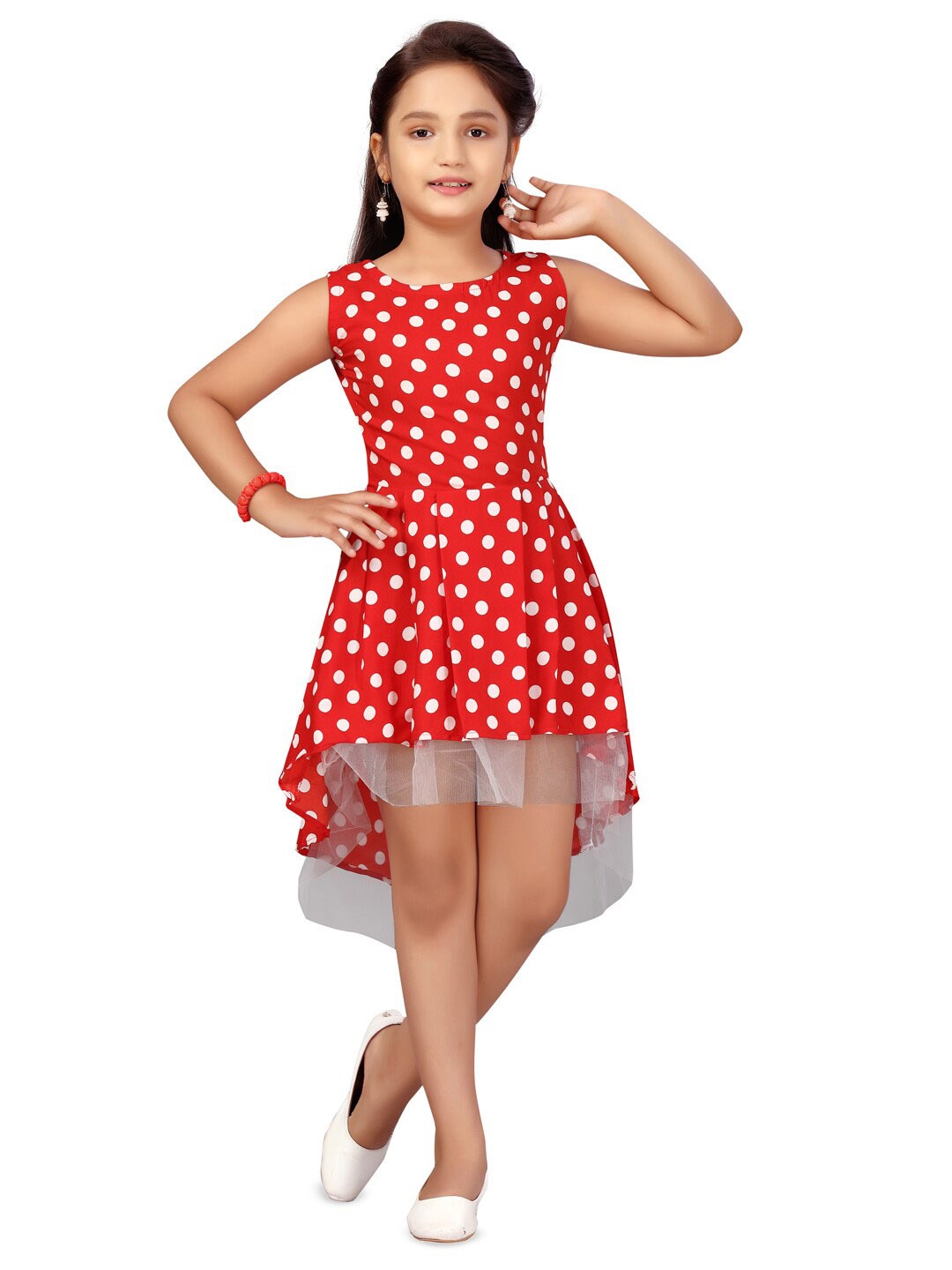 

Aarika Girls Polka Dots Printed Round Neck Pleated Fit & Flare Dress, Red