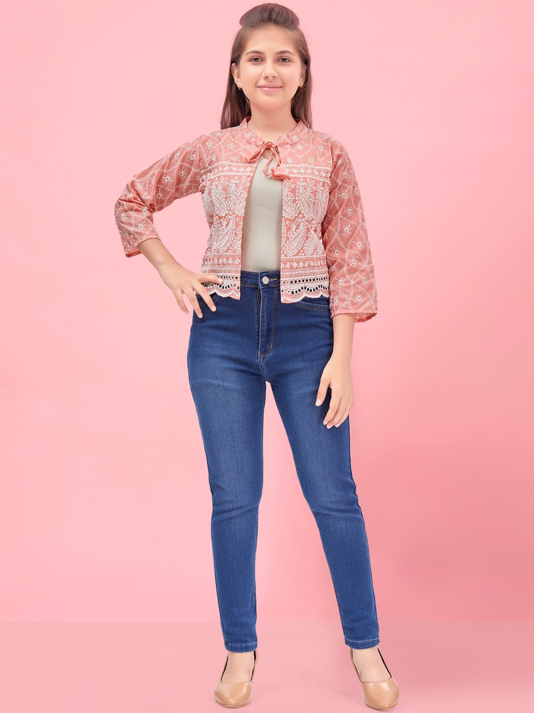 

Aarika Girls Floral Embroidered Mandarin Collar Lightweight Cotton Crop Tailored Jacket, Peach