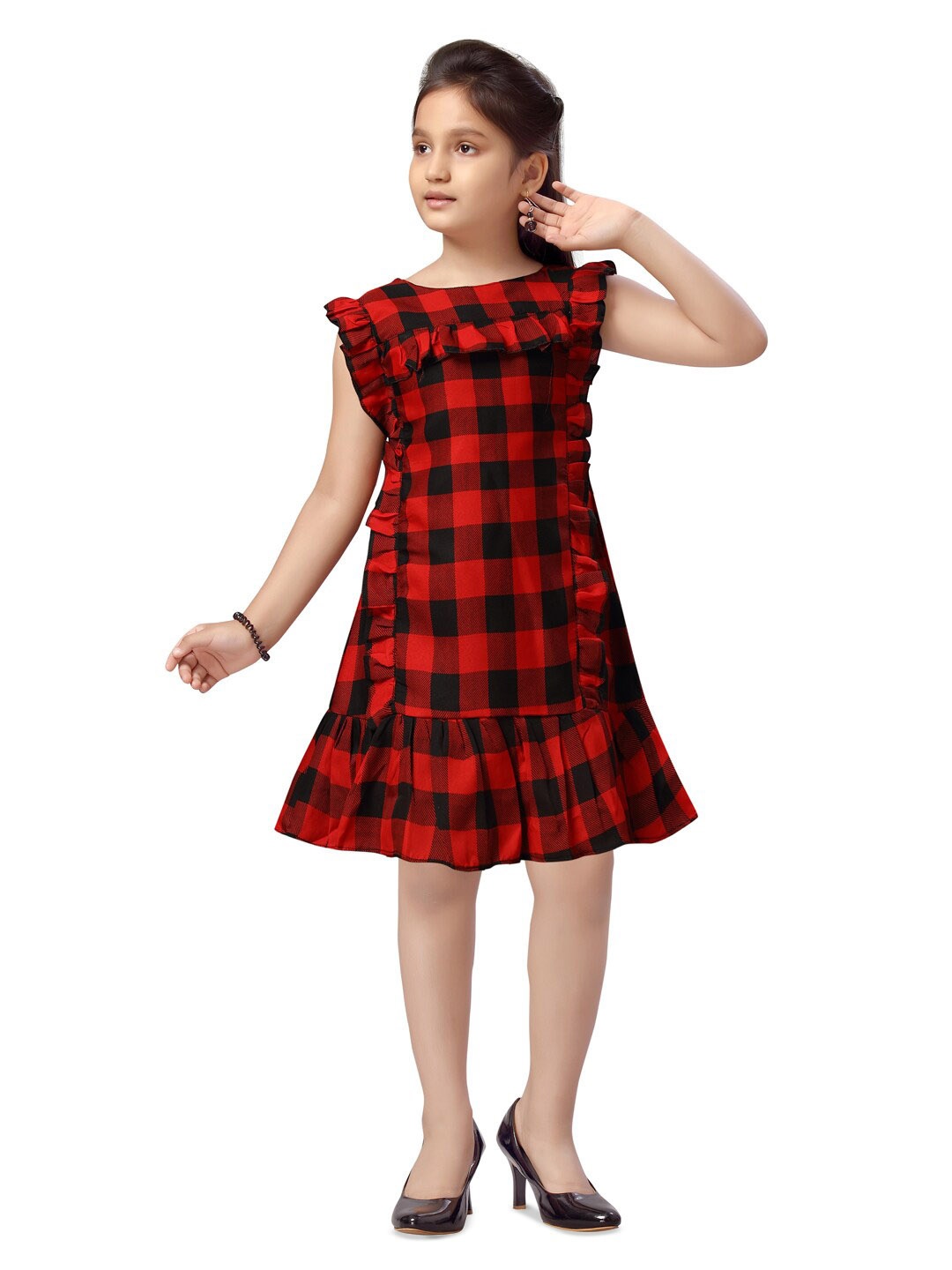 

Aarika Girls Checked Net A-Line Dress, Red