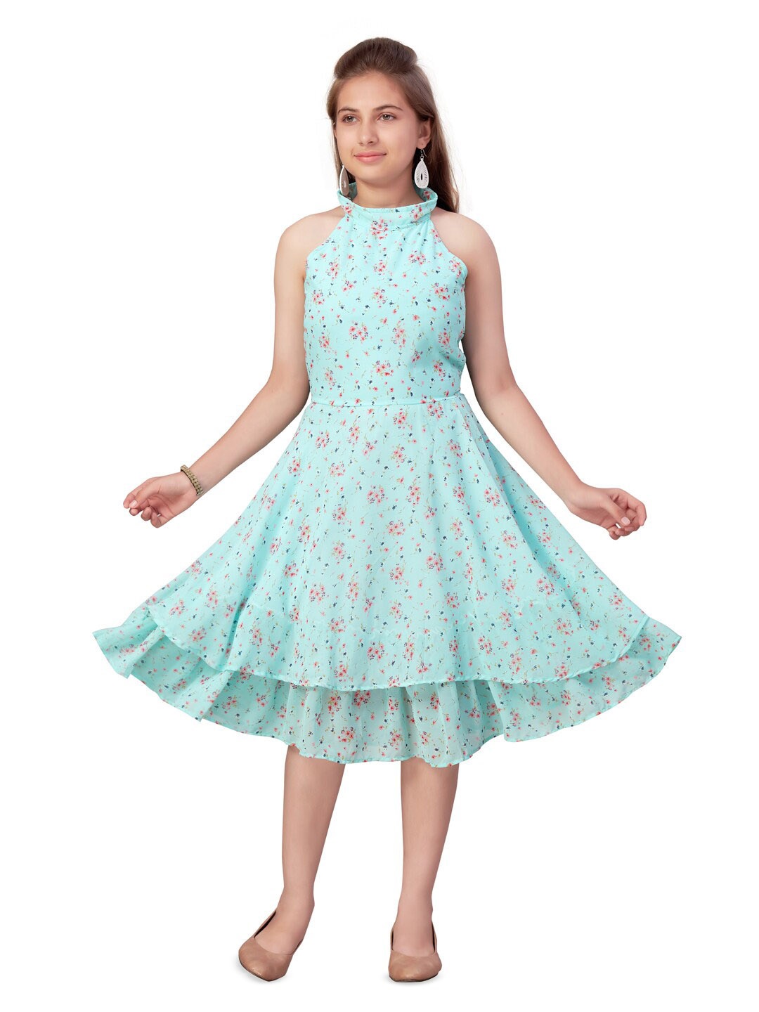 

Aarika Girls Floral Printed Halter Neck Layered Fit & Flare Dress, Turquoise blue