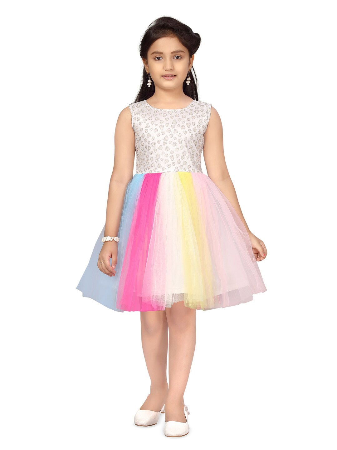 

Aarika Girls Self Design Round Neck Sleeveless Gathered Fit & Flare Dress, White