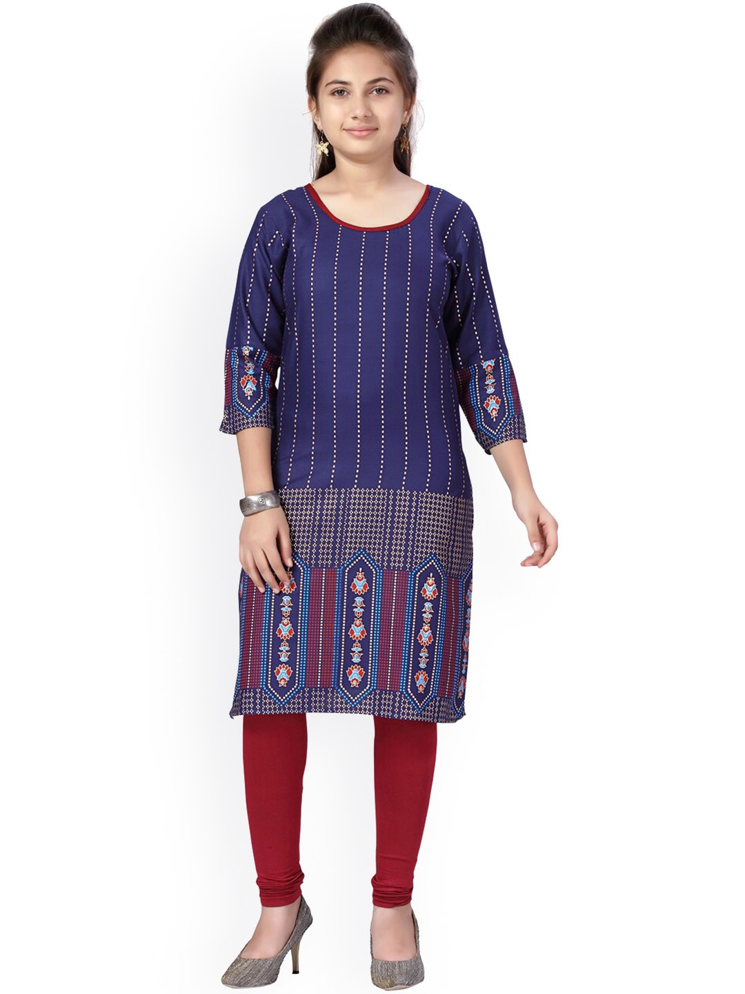 

Aarika Girls Striped Three-Quarter Sleeves Cotton Kurta, Navy blue