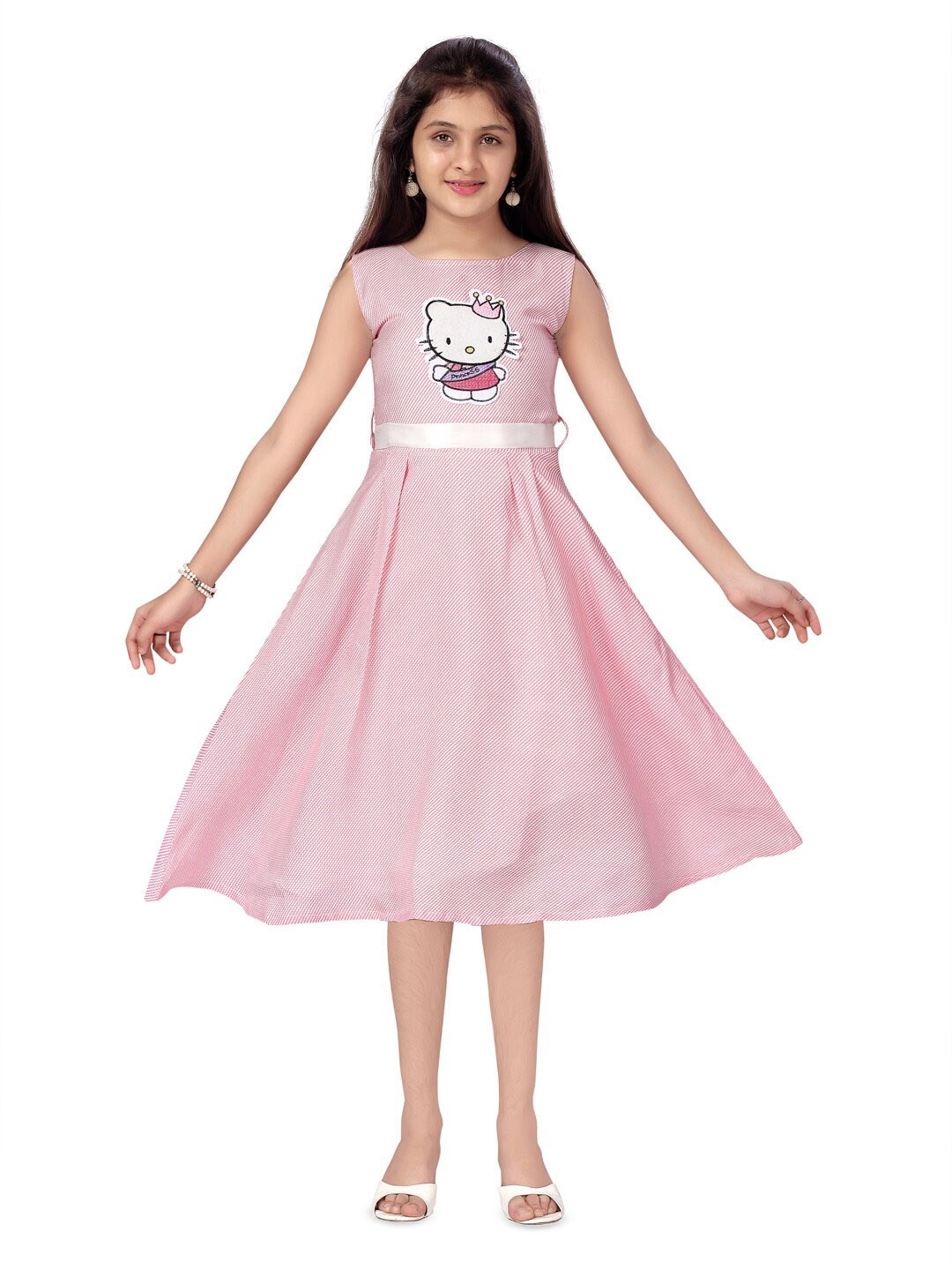 

Aarika Striped Hello Kitty Printed Sleeveless Fit & Flare Knee Length Dress, Pink