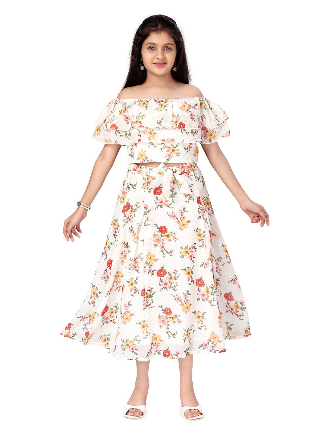 

Aarika Girls Floral Printed Top And Skirts, Cream